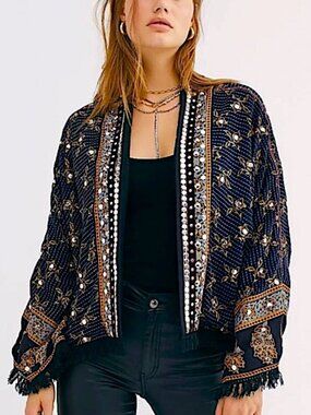 FREE PEOPLE Rays of Light Oversized Sequined Open Kimono Jacket Lined Boho
